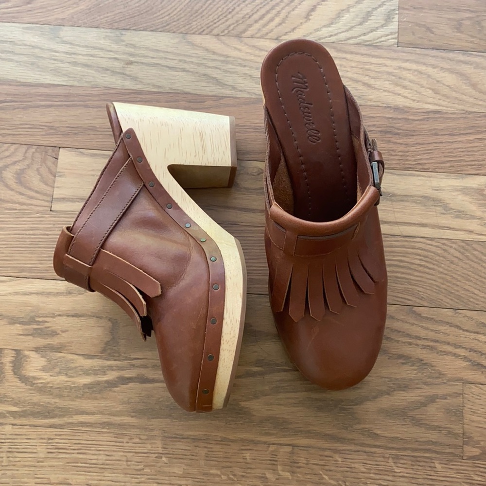 Madewell brown leather wooden mule clogs